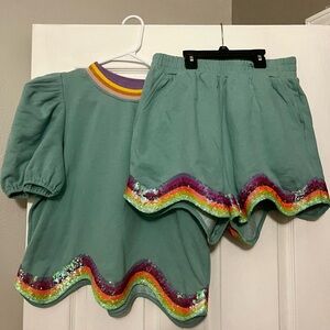 QOS Turquoise Set with Rainbow Sequins. Size M top and M bottom. EUC